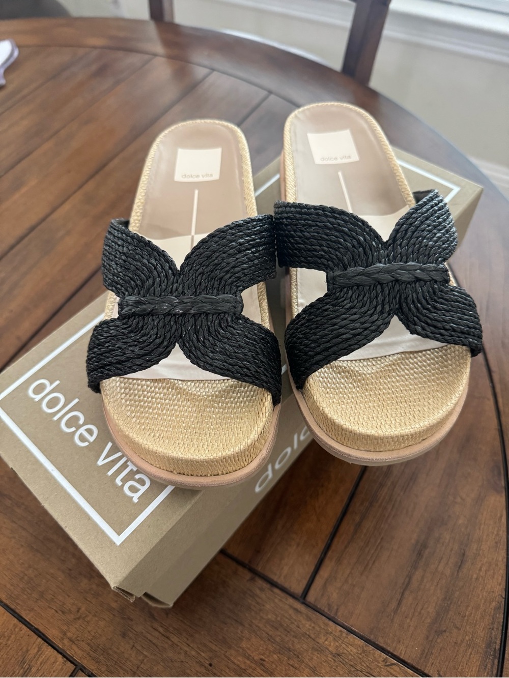 Dolce Vita Black Braided Slide Sandals with Neutral Woven Footbed